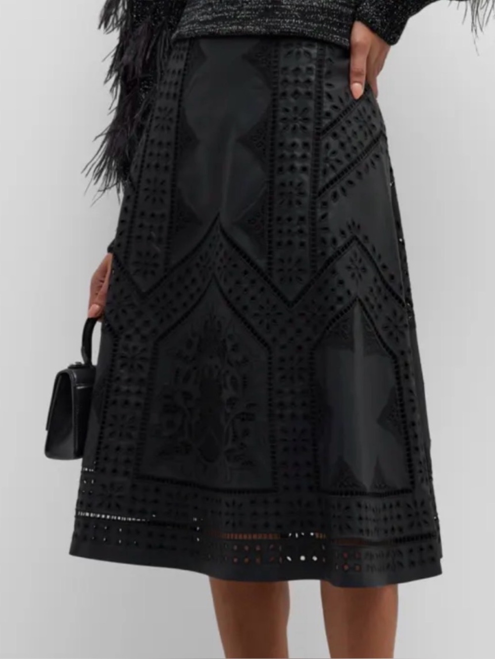 NWOT-Kobi Halperin Adriane Embroidered Cutout-Faux Black Leather Midi Skirt-14